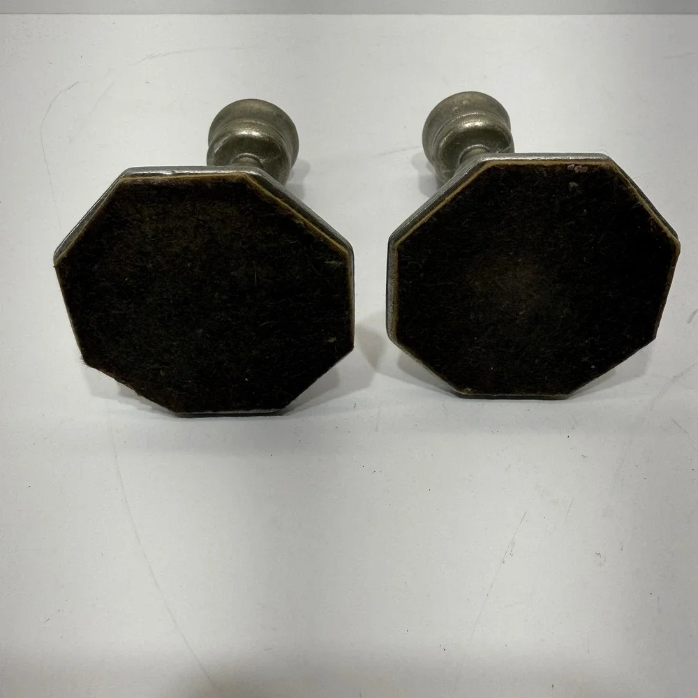 Vintage Metal Candlestick Holders Pair Octagonal Base Pewter Tone Rustic Decor